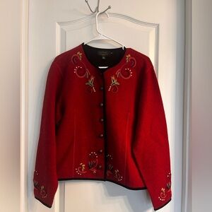 Icelandic Designs Wool‎ Embroidered Cardigan Velvet Trim Size Medium